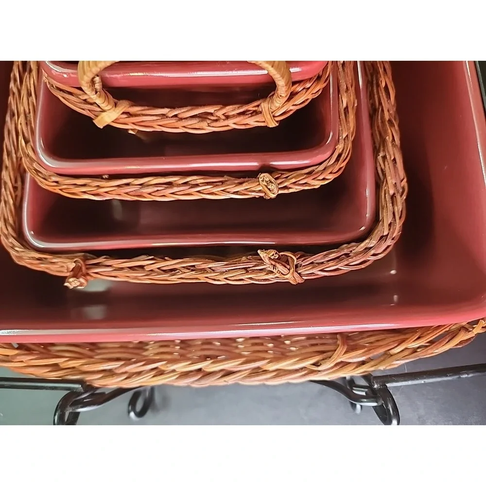 New Temptations RED Stone Casserole Bakeware Dish Set w/Handled Baskets